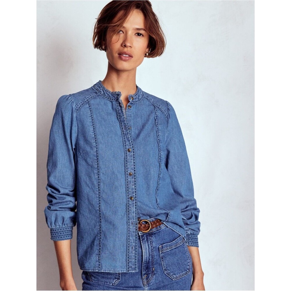Boden Rhea Trim Insert Denim Button Up Top Blouse Light Vintage Sz 6